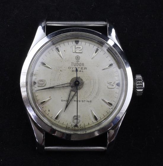 A gentlemans 1950s? stainless steel Tudor Oyster Royal wrist watch, no strap.
